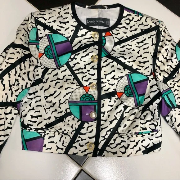 Vintage 80s Louis Feraud Multicolored Memphis Pattern Multicolor Blazer Jacket 6 - Picture 5 of 15